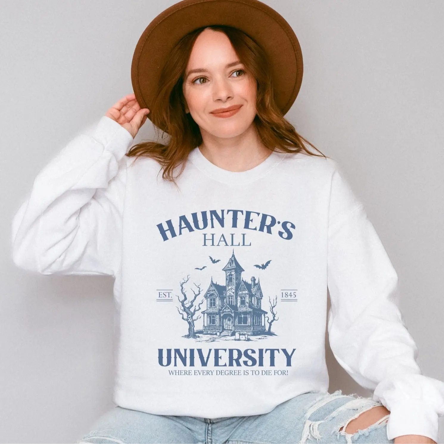 Haunter's Hall University Sweatshirt, Long Sleeve Crew Neck Halloween, Fall Festive Comfy, Autumn Sweatshirt, Unisex Gilden 18000, Vintage Style