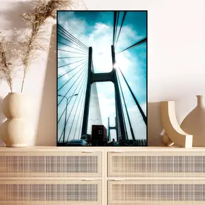 Modern Cable-Stayed Bridge Canvas Print Urban Architecture Wall Art with Sunny Sky Blue-Toned Cityscape Poster for Room Decor Men's Front Porch Office Living Room Majestic Bridge Photography