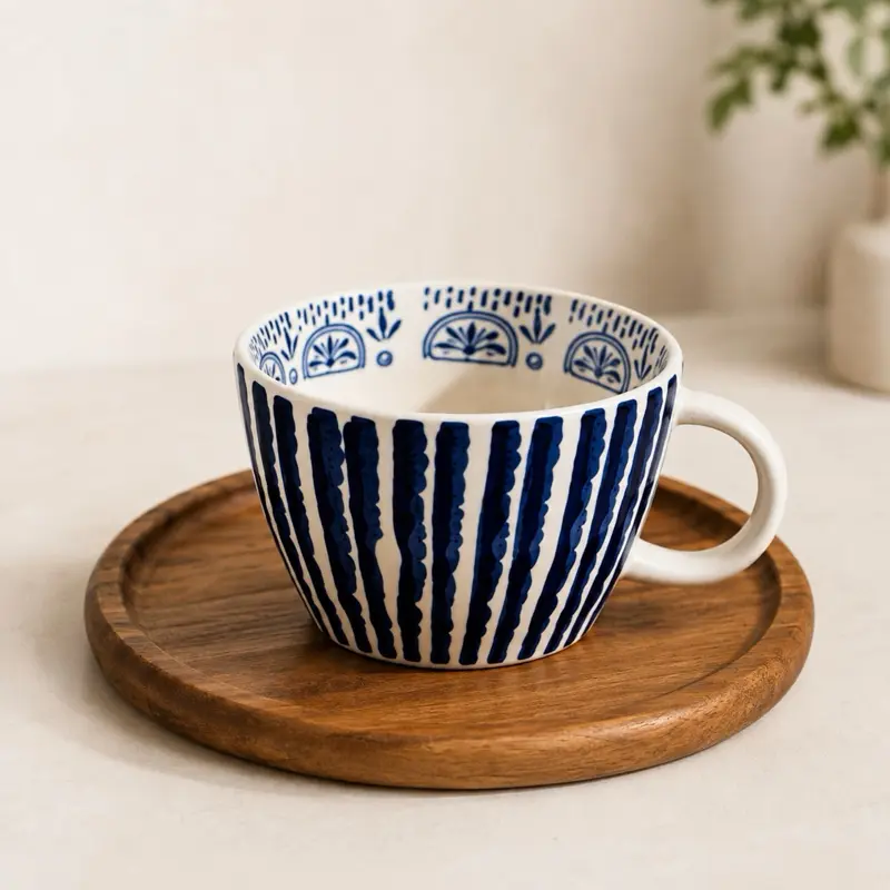 Hand-Painted Irregular Ceramic Mug, Blue & White Coffee Cup