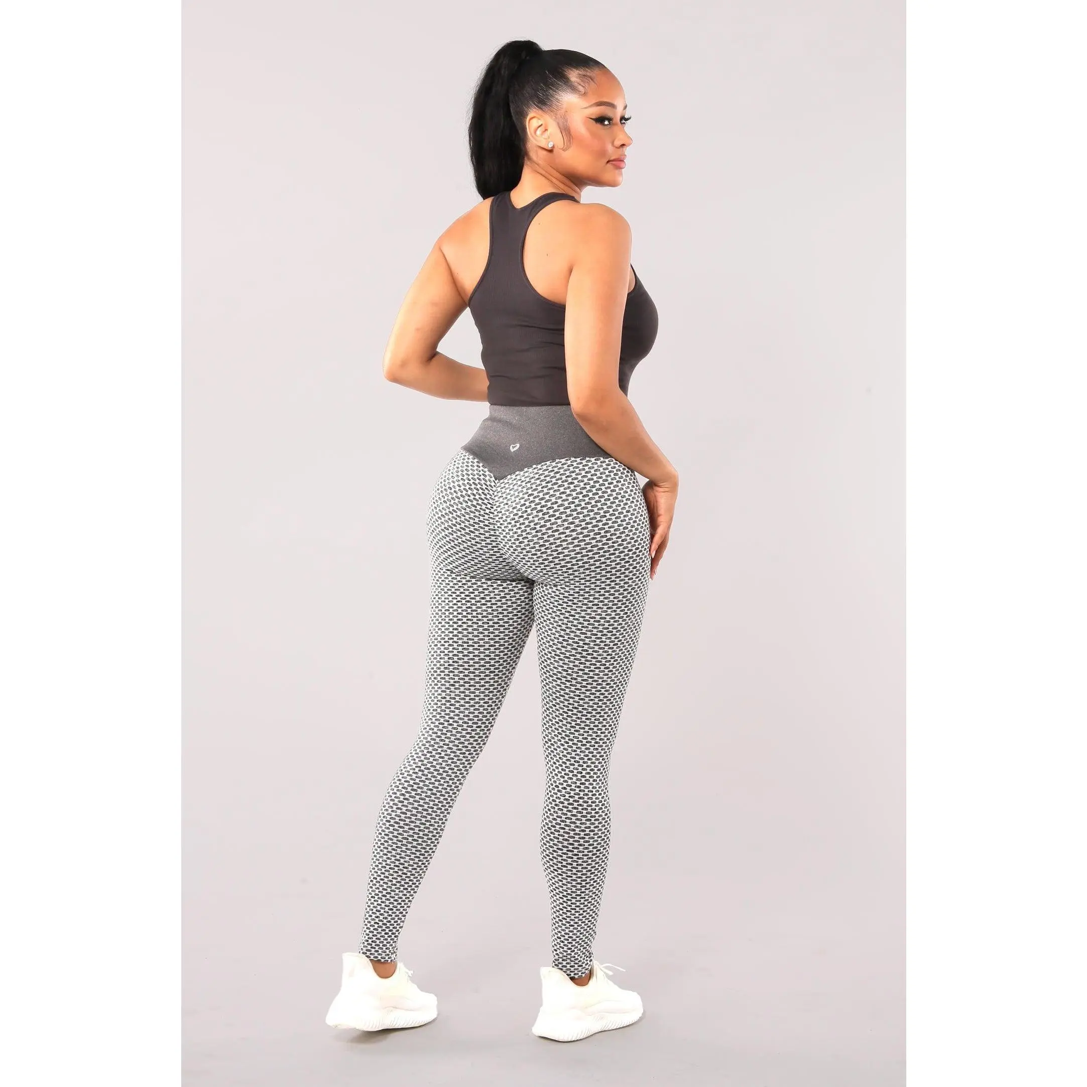 High Waist Two Tone Textured Honeycomb Butt Scrunch Yoga Leggings - Gray, White