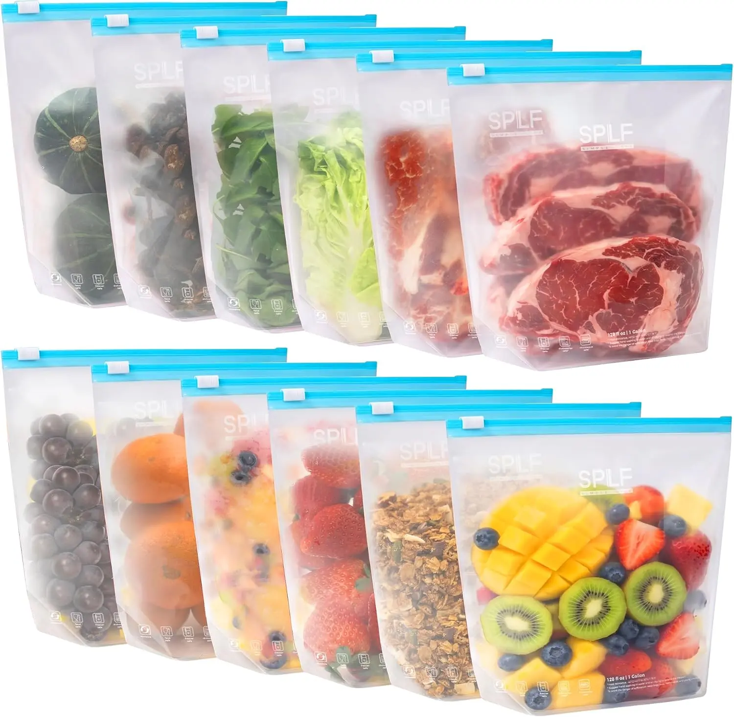 SPLF 12 Pack Reusable Slider Gallon Freezer Bags Dishwasher Microwave Safe | Extra Thick 1 Gallon BPA Free Leakproof Food Storage Bags, Containers for Meal Prep, Fruits, Veggies and More