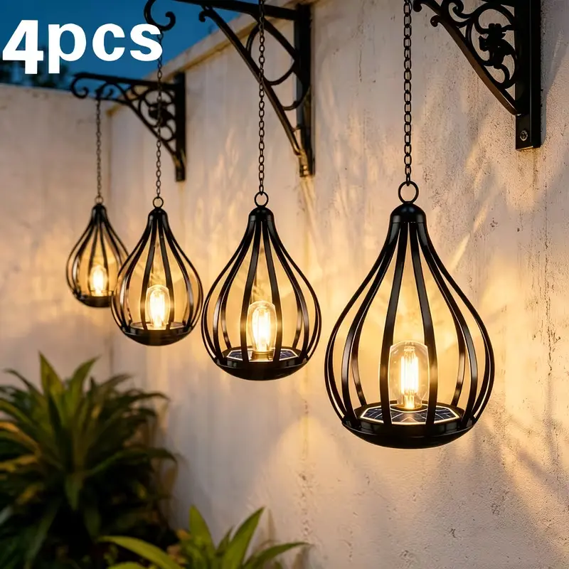 RUIDEL MICHAELS 4-Pack Outdoor Solar Lantern String Lights, Upgraded Teardrop Iron Frame Hanging Lights with Warm White LEDs, Water-Resistant for Garden, Halloween Decor, Dining Tables (Batteries Built-In)