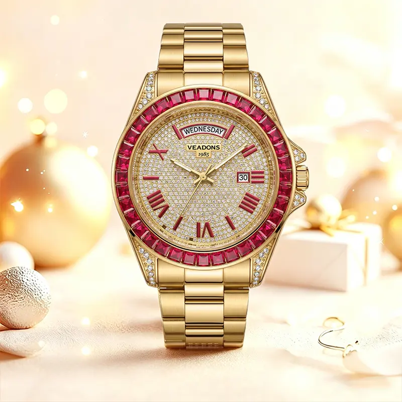 【Summer Sale】Boutique Ruby Red Starry Sky  Luxury  Crystal Accents | High-End Men'sTimepiece with Diamond Mirror Finish | Versatile Casual &Business Look | Ideal Gift for Him | Stylish Wristwatch with DateFunction