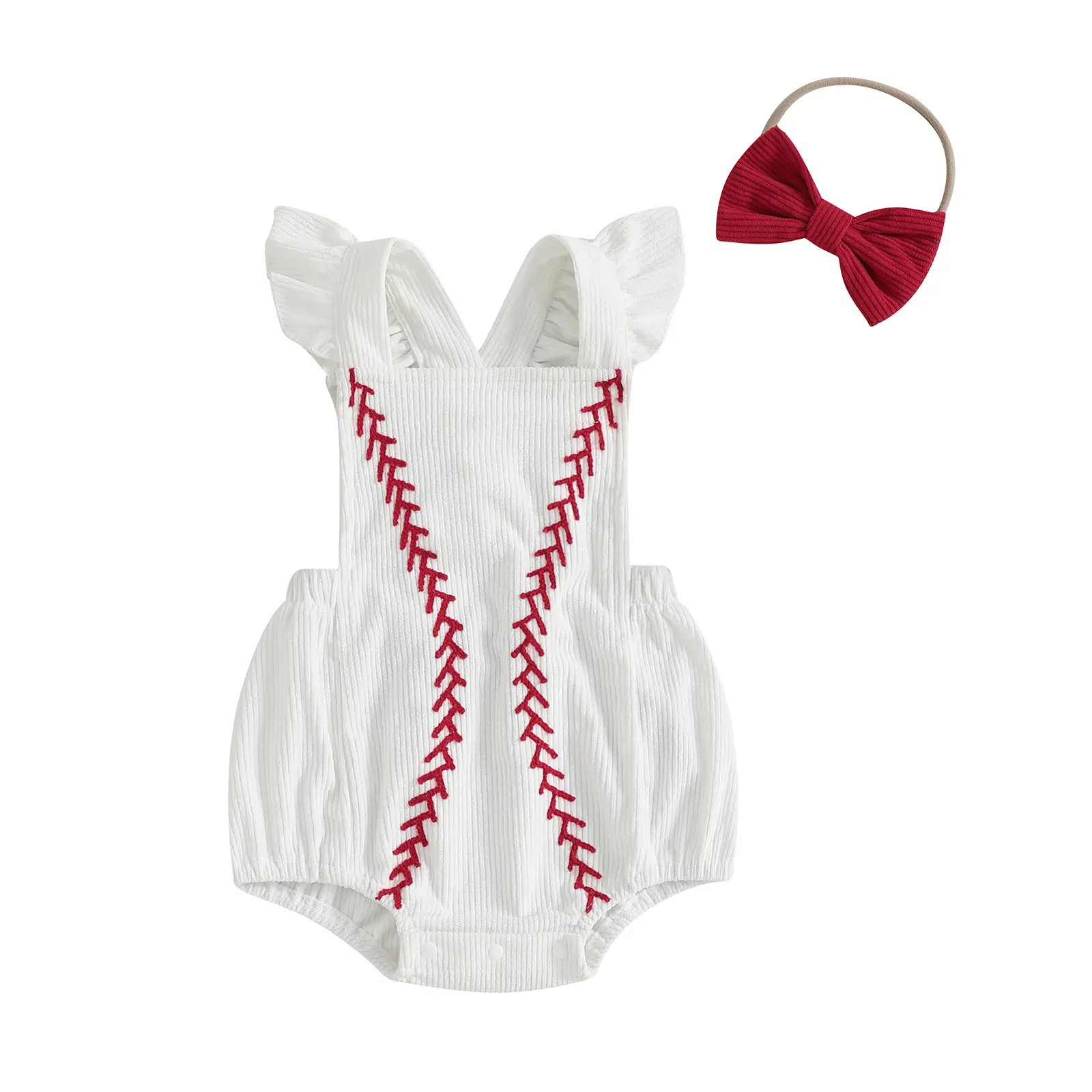 Toddler Baby Girls Summer Romper Casual Baseball Embroidery Fly Sleeves Jumpsuit and Headband Set Outfits