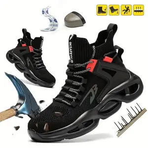 Men's steel toe anti puncture and anti slip blade type work safety shoes, breathable woven knitted industrial construction sports shoes, enclosed men's walking shoes
