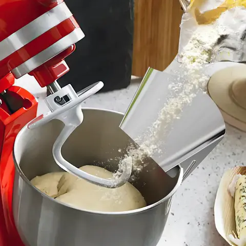 GVODE 1pcs Stainless Steel Pouring Shield Kitchen Tool (6.8x4.6in) - Grooved Edge Kitchen Appliance Part, Fits 4.5-5qt KitchenAid Tilt-Head Bowls, Drip-Free Mixing, Spill Prevention for Baking, Cooking