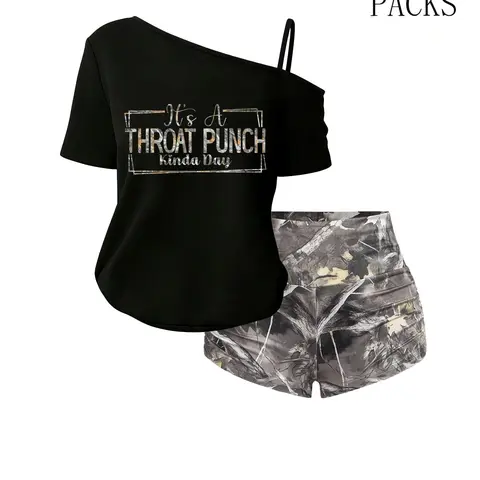 Women's Two-Piece Forest Camo T-Shirt & Short Set, Casual One-Shoulder Tee & High-Waist Short, Perfect for Spring, Summer & Fall, Shorts Outfit Set