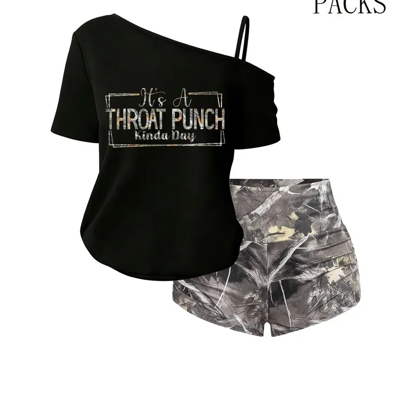 Women's Two-Piece Forest Camo T-Shirt & Short Set, Casual One-Shoulder Tee & High-Waist Short, Perfect for Spring, Summer & Fall, Shorts Outfit Set