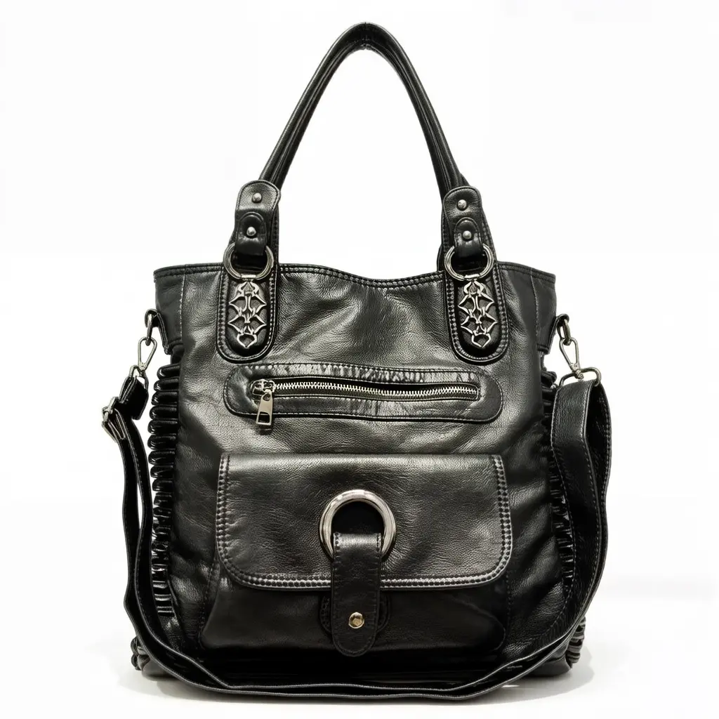 Ladies' fashion Y2K hot girl vintage vegan leather tote bag, large capacity retro punk street single shoulder motorcycle bag, multiple pockets, multiple compartments, ladies' wallet