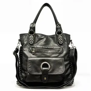 Ladies' fashion Y2K hot girl vintage vegan leather tote bag, large capacity retro punk street single shoulder motorcycle bag, multiple pockets, multiple compartments, ladies' wallet