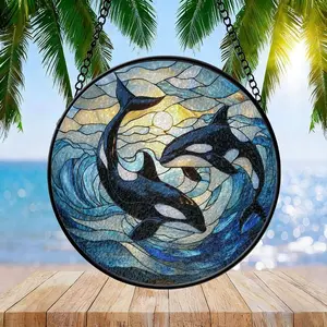 Coastal Orca Whale Suncatcher - Stained Glass Window Hanging Decor - Killer Whale Nautical Wall Art - Beach House Decoration - Ocean Inspired Prism Suncatcher