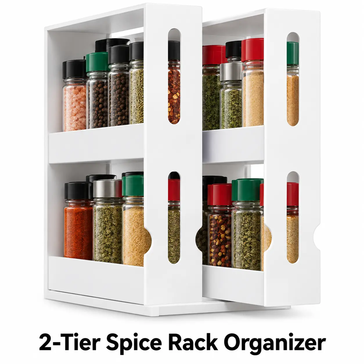 2-Tier Pull-Out Spice Rack Organizer for Kitchen Cabinet, White Cabinet Storage Shelf for Spice Bottles, Seasoning Jars, Small Cans and Pantry Organization