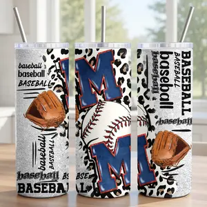 Blue Baseball Mom Tumbler 20oz - 18/8 Stainless Steel Insulated Cup with Sliding Lid, Metal Straw & Brush - Silver Texture & Leopard Design, Sports Mama Gift - Smooth Surface Print - Ships in 2 Days