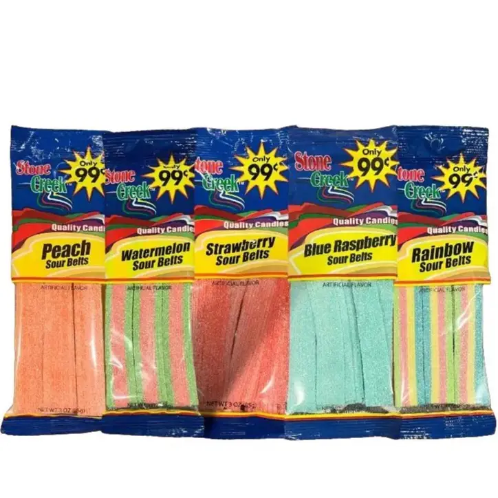 Sour Belts 6ct pack - 5 Delicious Flavors - 6x3oz Bags Total 18oz - Sweet Snack Candy - 6ct Sour Strip Belts