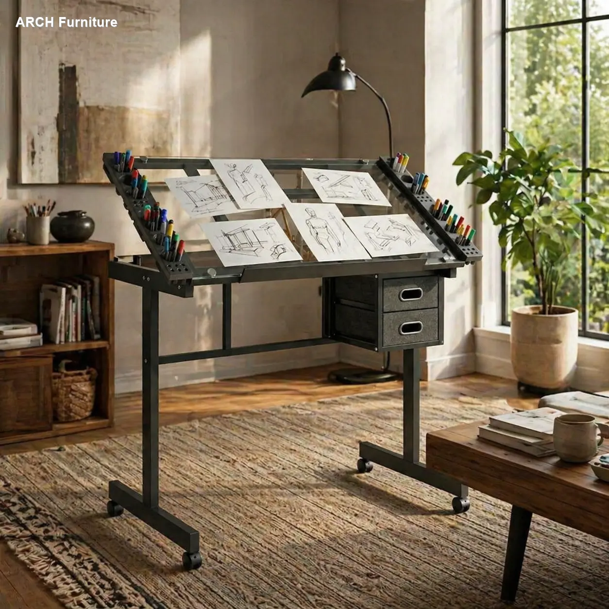 Black Adjustable Height Rolling Drafting Desk with Glass Top, 2 Fabric Drawers, 4 Wheels – Height-Adjustable Tilting Drawers Drafting Table for Art, Craft, Office Use, Adjustable Height Table, Rolling Drafting Tables