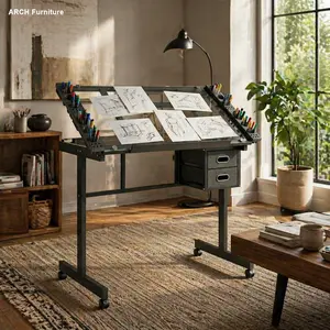 Adjustable Height Art Drawing Desk Craft Station with Glass Top, 2 Fabric Drawers, 4 Wheels, Drafting Table (Black), Adjustable Height Table, Glass Top Desk