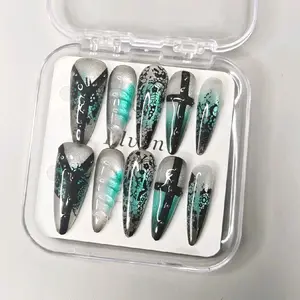 Black Lace and Teal Cat Eye Stiletto Press-On Nails Gothic Style