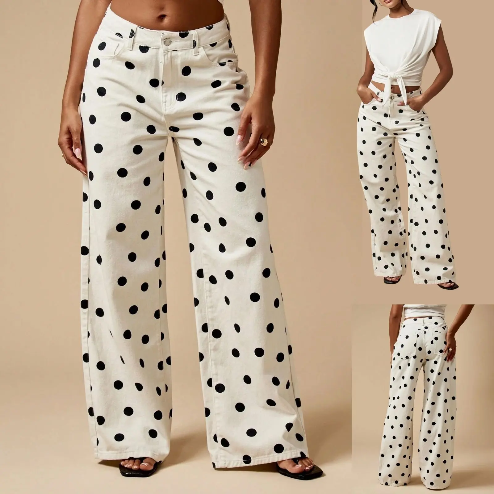 Women's polka dot print wide-leg long jeans, vintage fit, casual, fluid drape, loose straight-cut denim pants