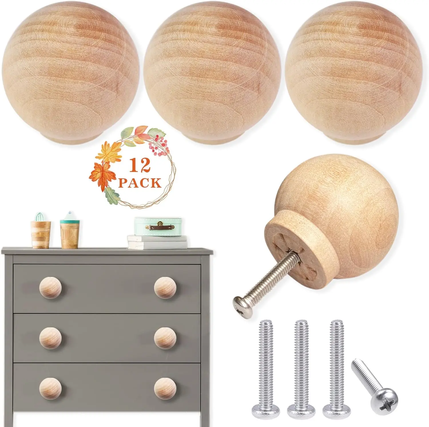12 Pack  Ball Knobs - 1-1/2 inch Round  Wooden Furniture Knobs for Cabinet, Dresser, Wardrobe, Cupboard, Kitchen, Door Pulls and Handles