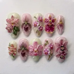 Handmade Orchid Floral Press On Nails - 3D Pink Flower Design with Pearl Details - Long Almond Nails for Elegant Feminine Vibe