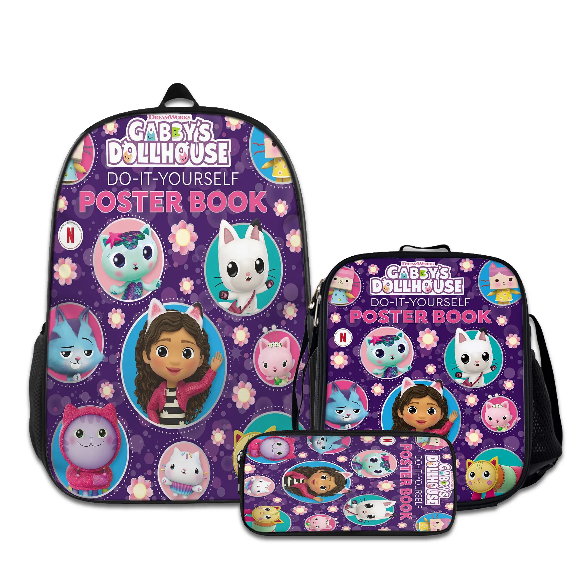 Gabby's-Dollhouse-3PCS Backpacks for Girls Set, Cute School Backpack for Girls Boys with Lunch Box and Pencil Case, Aesthetic Bookbag for Teens, Lightweight Classic Backpack for Travel, Work, Picnic A-0719