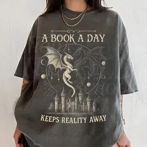 A Book A Day Keeps Reality Away Shirt, Dragon Fantasy Graphic Tee, Comfort Colors T-Shirt, Gothic Grunge Castle Top, Reader Gift