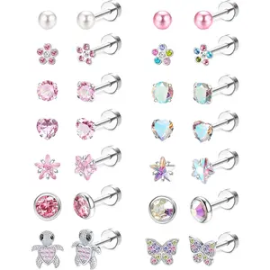 Milacolato 14-Pair Hypoallergenic 20G 316L Stainless Steel Screwback Earrings for Women – Tiny Size, CZ Pearls, Ball Shape, Heart, Flower Designs, Flat Back Studs (Ages 3+)