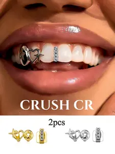 CRUSH CR 14K Gold Plated 2pcs Heart Star CZ Tooth Cap Grillz Set for Men Women, Hollow Heart Star Design, Hypoallergenic Removable, Perfect for Hip Hop Concerts, Music Festivals, Club Nights, Daily Styling Urban Street Style