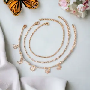 Butterfly Anklets - Gold-Colored Beaded Anklets with Floral Accents and Butterfly Charm