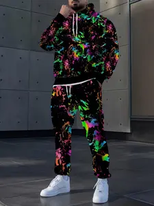 Fashion Casual Colorful Graffiti Full Body 3D Print Long Sleeve Hoodie Set, Sporty Fitted Hooded Sweatshirt and Pants, Fall & Winter