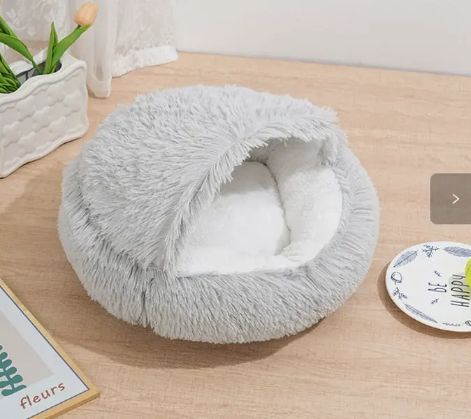 Semi-Enclosed Shell Cat Nest, Velvet-Lined Cold Protection Pet House, Cozy Hideout with Warmth Shield for Cats