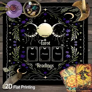 Mystic Tarot Readings Chart Tarot Card Tablecloth | Triple Moon Phase Altar Tablecloths | Celestial Floral Vines Gaming Tablecloth | Psychic Readings Divination Witchcraft Astrology Oracle Cards Altar Cloths | Crystal Grid Meditation Table Cloths