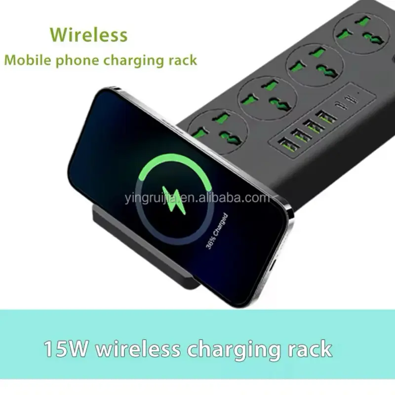 Compact Multi-USB Surge Protector with 4 Sockets 4 USB Ports 2 Type C Ports 3000W Power 15W Wireless Charging Rack Safety Socket