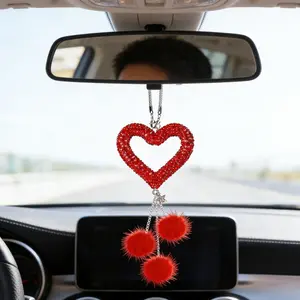 Heart-Shaped Car Pendant Decor, Hollow-Out Design, Plush Ball Charm, Rearview Mirror Decoration, Car Interior Accessories, Car Hanging Decoration
