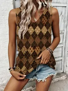 Women's V-Neck Sleeveless Plaid Hollow Out Knit Cardigan, Casual Summer Vacation Style, Fitted All over Print Sweater Vest