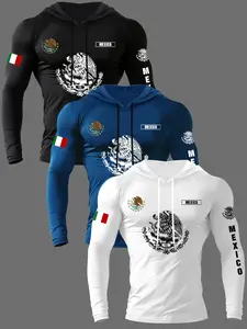 Men's 3-Piece Eagle Letter Print Hooded Long Sleeve T-Shirt Set, Graphic Hoodies, Casual Outdoor Spring Fall Wear, 3-Pack