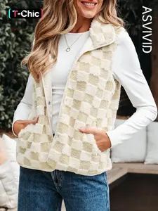 Women's Casual Elegant Stand Collar Plaid Jacket Coat, Faux Shearling Button Pocket Design, Fall Winter Fashion Outerwear