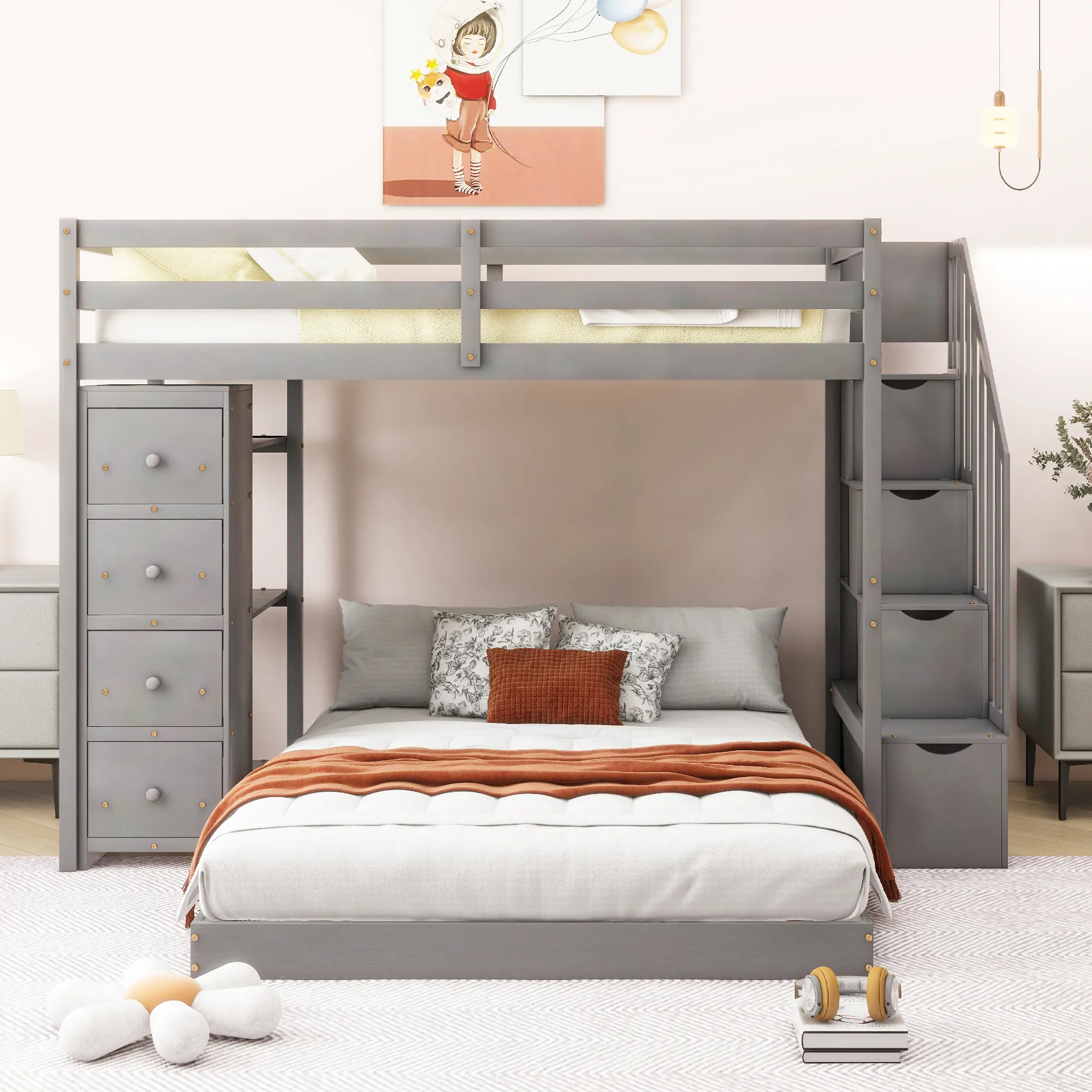 Gray Twin-Over-Full Bunk Bed with 3-Layer Shelves, Storage Drawers and Storage Stairs