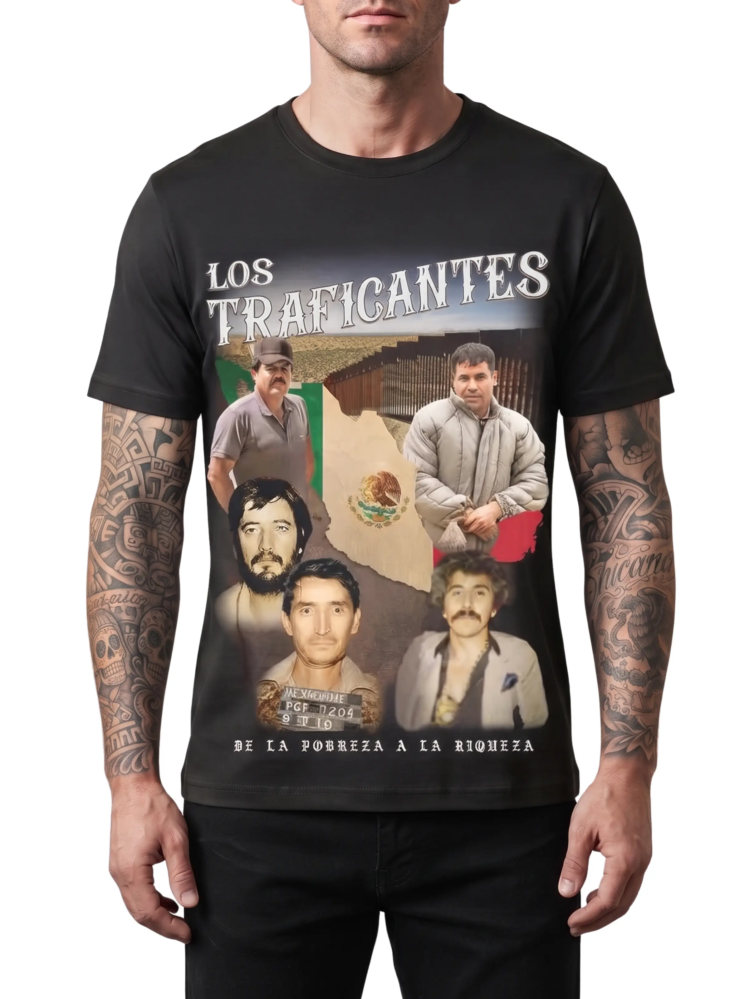 Men's Cotton Short-Sleeve Round-Neck Casual T-Shirts - Menswear, Digital Print Narco Trafficker Graphic, Mexican Mafia-Inspired Streetwear, Retro Poverty-to-Power Gangster History Top