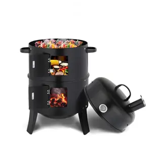 18 Inch Round Charcoal Smoker Grill,Heavy-Duty BBQ Smoker for Outdoor Smoking Multi-Layer Pellet Ideal for Meats-Offset Charcoal Grill with Thermometer,Black