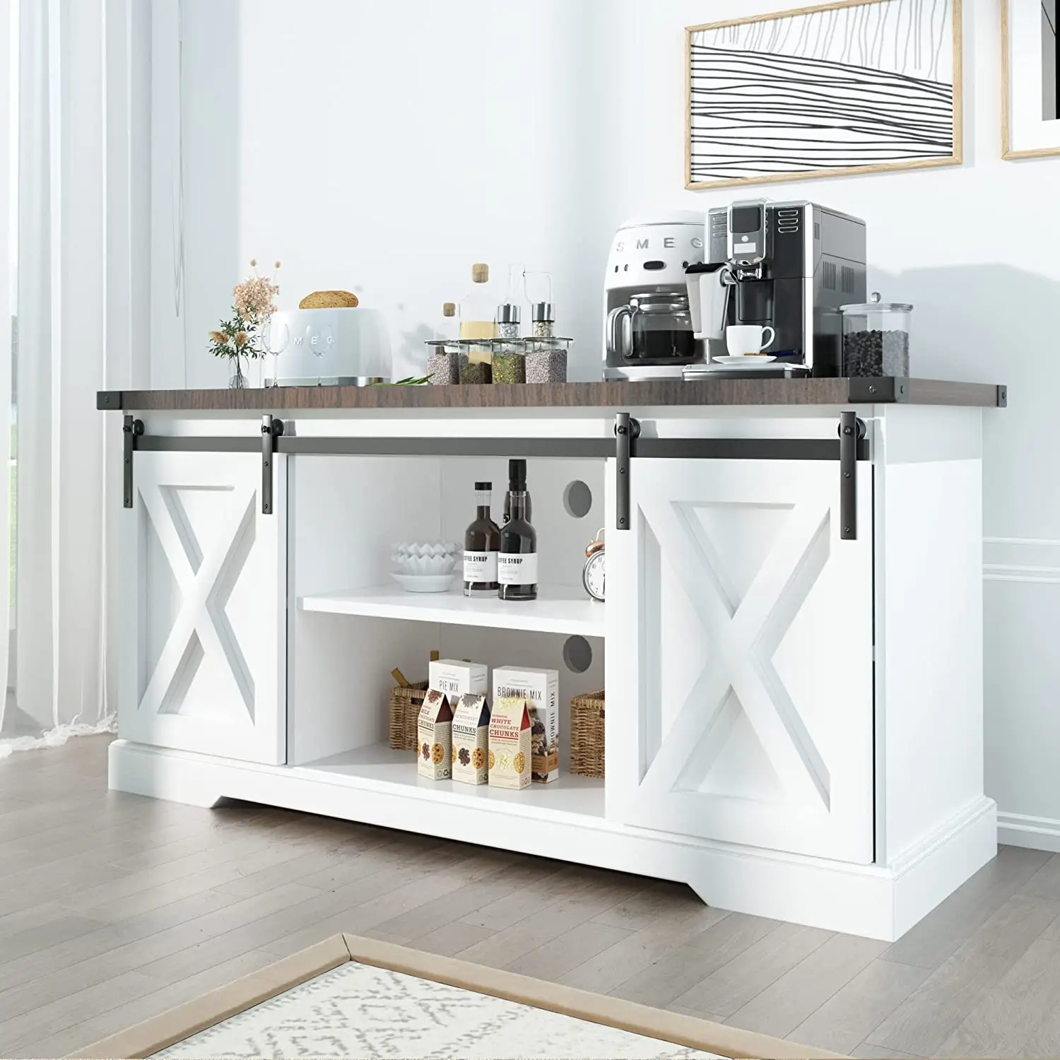 Farmhouse Buffet Cabinet Sideboard with Sliding Barn Doors, Rustic Coffee Bar Cabinet Server with Storage and Adjustable Shelves, Cupboard Table for K