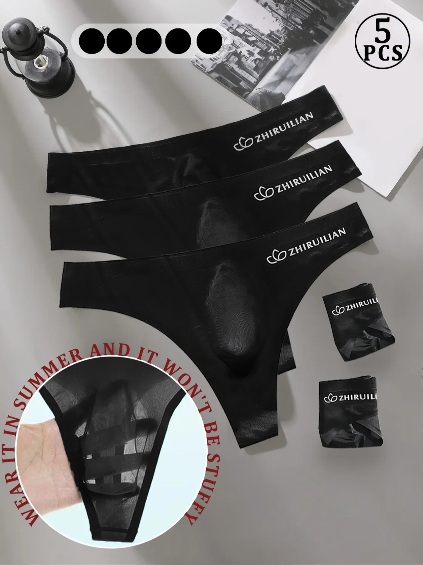 Men's Ice Silk Thong Underwear, Seamless Transparent Breathable Comfort Fabric, Sexy Letter Print Design, Pack of 5 Pieces, Slim Fit, Underwear All Seasons, Breathable Undergarments