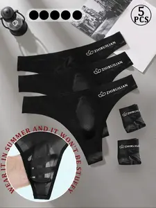 Men's Ice Silk Thong Underwear, Seamless Transparent Breathable Comfort Fabric, Sexy Letter Print Design, Pack of 5 Pieces, Slim Fit