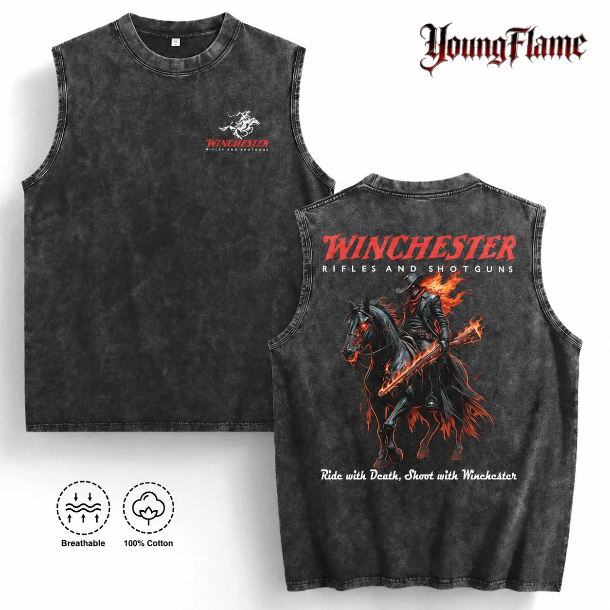 Men Summer Tank Top Hellfire Cowboy Art graphic tees A comfortable summer gift Edgy streetwear y2k clothing Washed Sleeveless Shirt Acid T-Shirts fall fashion outfit casual cotton