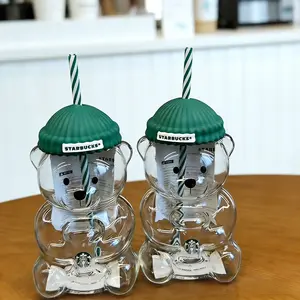 Starbucks Bear Glass Cup with Lid & Straw Jar Cold Cup Tumbler - NEW LIMITED EDITION Mug with Green Beanie-Shaped Lid, Ideal for Coffee, juice,Beer, Wine & Cocktails