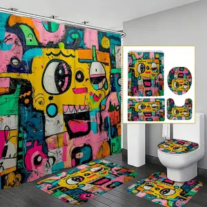 Graffiti Party Art Cool Shower Curtain Set, Waterproof Abstract Graffiti Print, Includes Non-Slip Mat, Toilet Lid Cover, U-Shaped Foot Pad