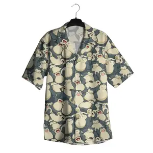 Funny Snorlax Anime Hawaiian Shirt Men's Sleeping Snorlax Expression Print Short Sleeve Button Down Aloha Shirt Otaku Geek Gift Summer Top