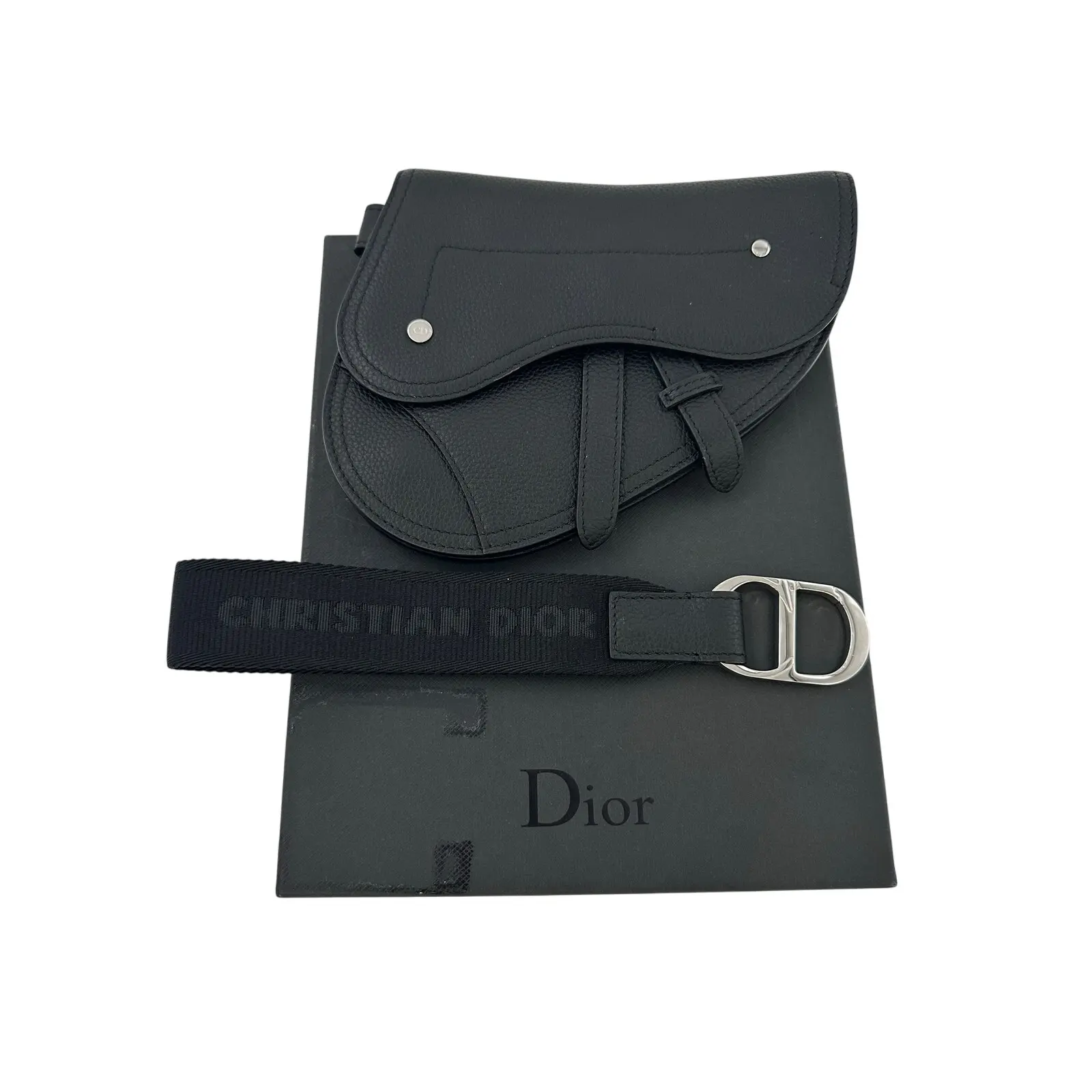 Pre-owned Dior Leather Clutches & Wristlets Christian Black Grained Calfskin Saddle Wristlet 2 cm, 16 cm, 0.8 in, 6.3 in Gold Accented Clutch (Pre Loved Bags Category), 7.9 In, Additional Strap