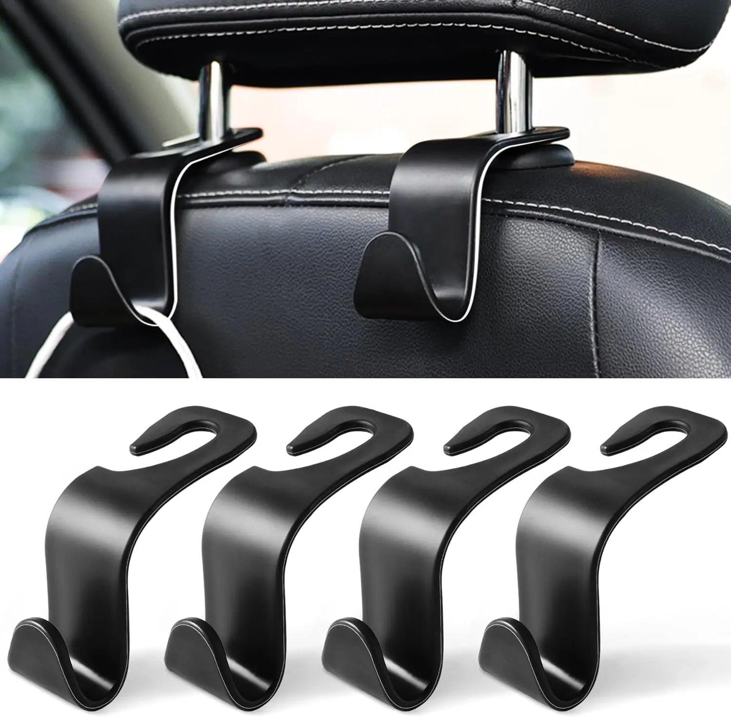 SINGARO 4-Pack Plastic Car Seat Headrest Hooks, Durable Auto Accessory & Car Organization Supplies, Snug-Fit Rotates 360° No Seat Damage, Holds Bags & Coats for Interior Stowing