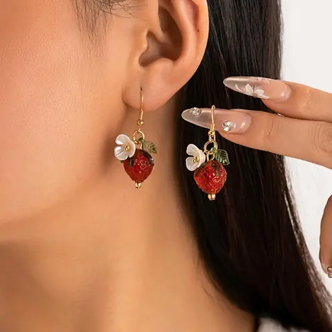Cute Strawberry Design Dangle Earrings for Women & Girls, Fashion Floral Drop Earrings, Cute Summer Jewelry Accessories, Casual Trendy Jewelry, Fruit Veggie Earrings, Dangly Earrings, Dangling Earrings